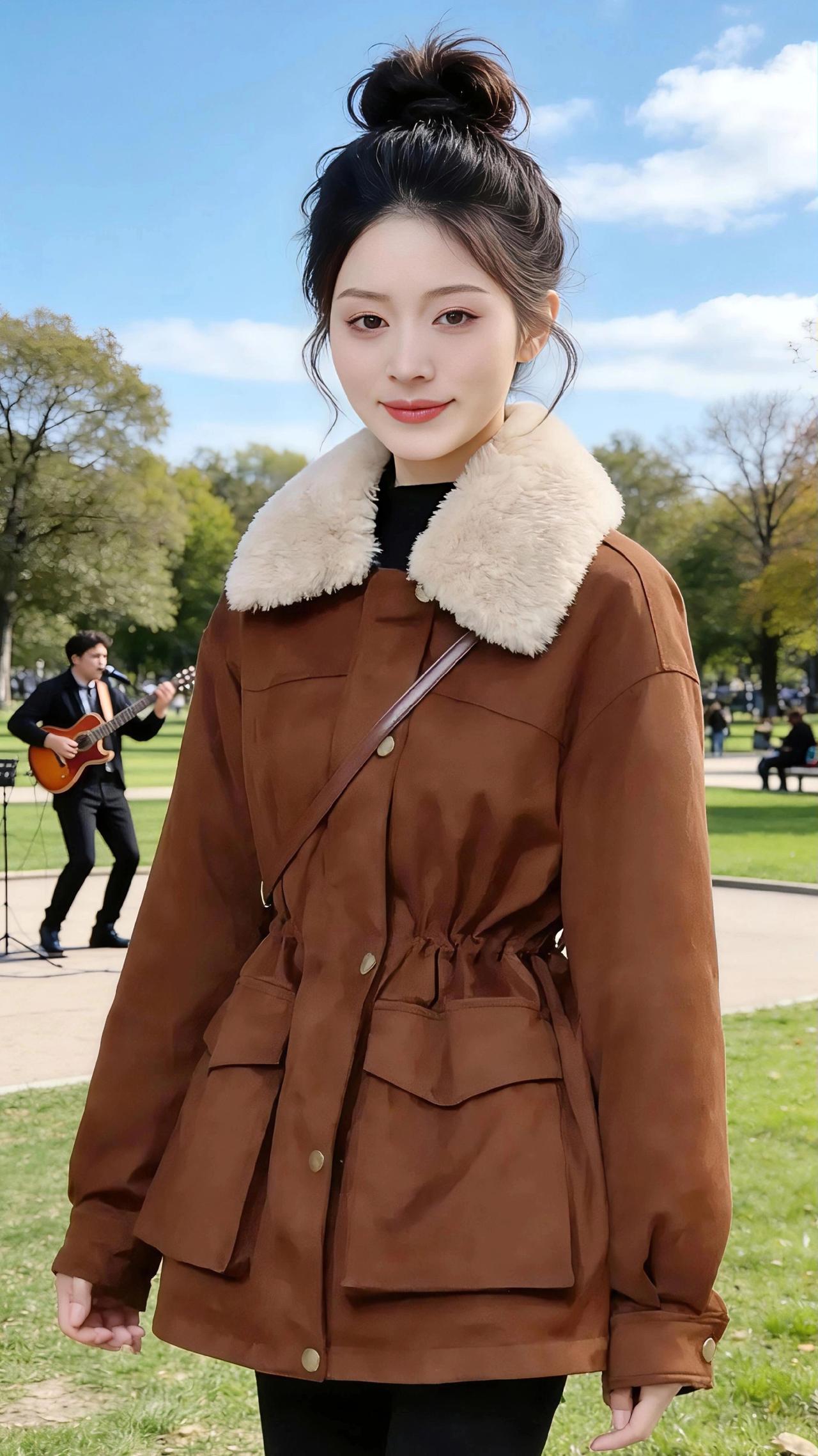 焦糖暖意，落于冬与春之间
 
冬日的雪场与晴日的公园，竟被一件焦糖色的外套揉成了