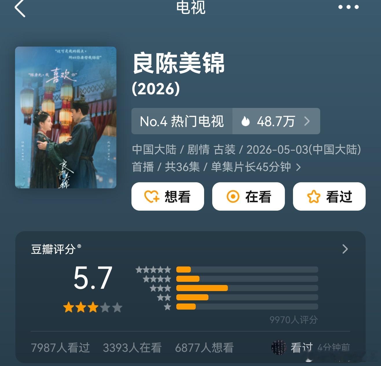 良陈美锦豆瓣5.7分任敏此沙董思成的《良陈美锦》开分5.7，作为一部古偶剧，打分