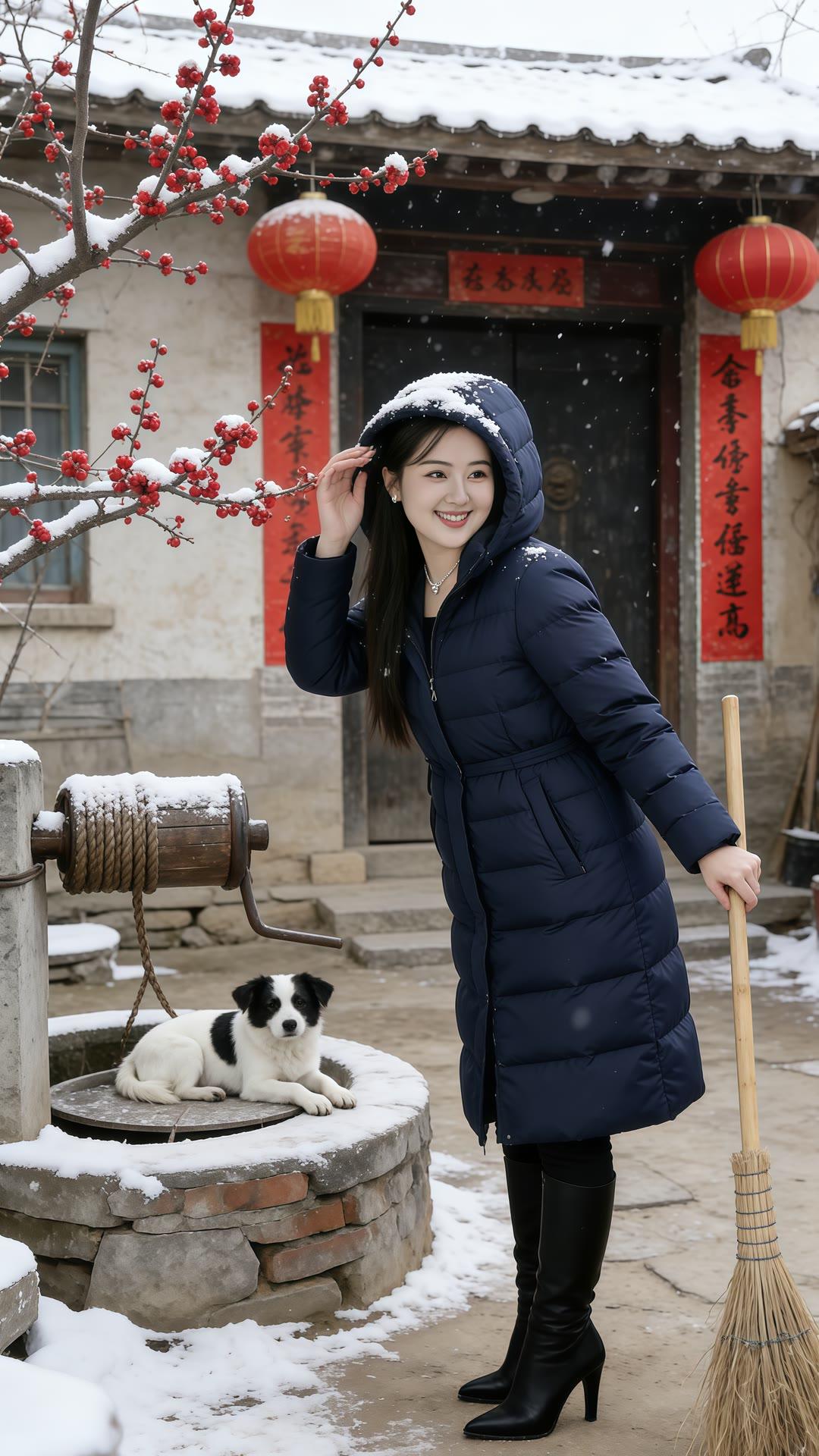 冬日暖阳下，红灯笼映衬着雪景，笑靥如花的她与萌宠相伴，岁月静好。