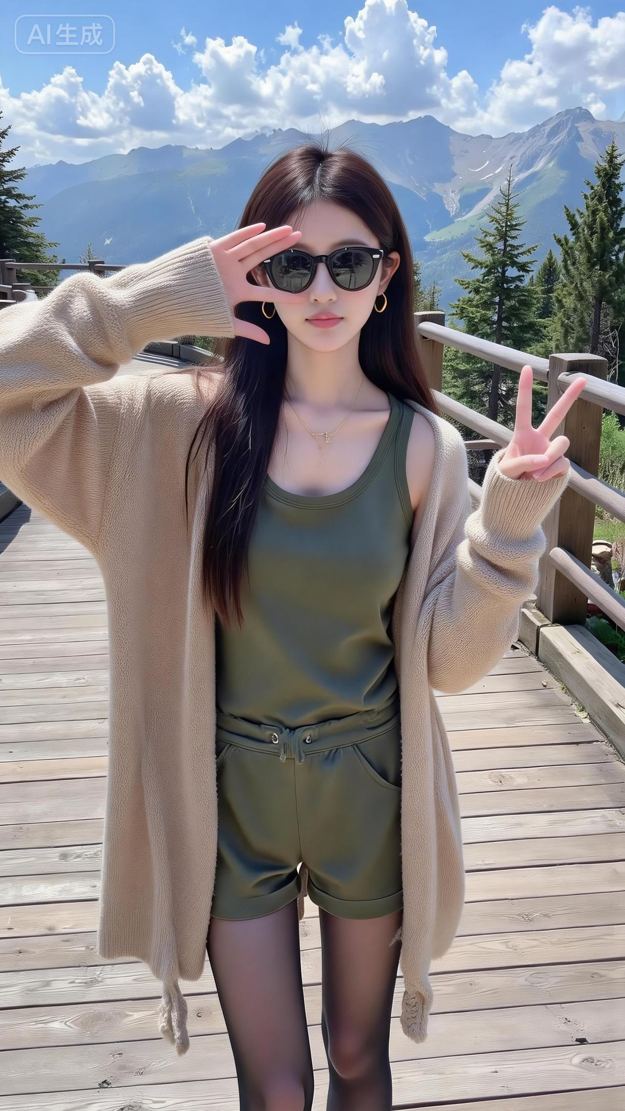 山景露台的松弛感辣妹
 
卡其开衫搭橄榄绿套装，慵懒里藏着点小性感~墨镜+比耶的