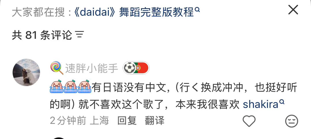 夏奇拉真的特别缺你的喜欢，因为中国队没进世界杯，daidai里自然而然没有中文只