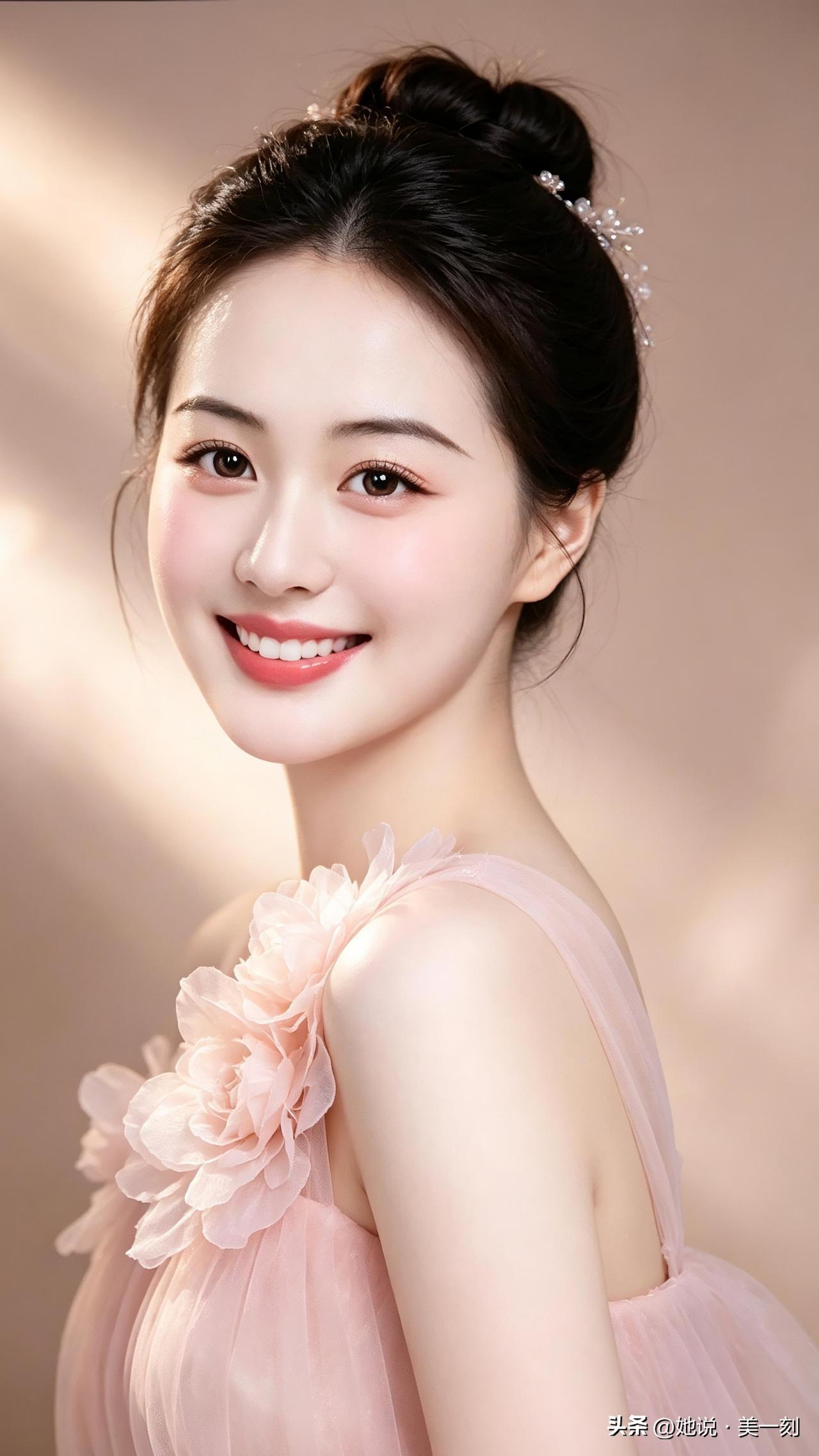 甜美少女风，粉色花朵连衣裙，微笑动人