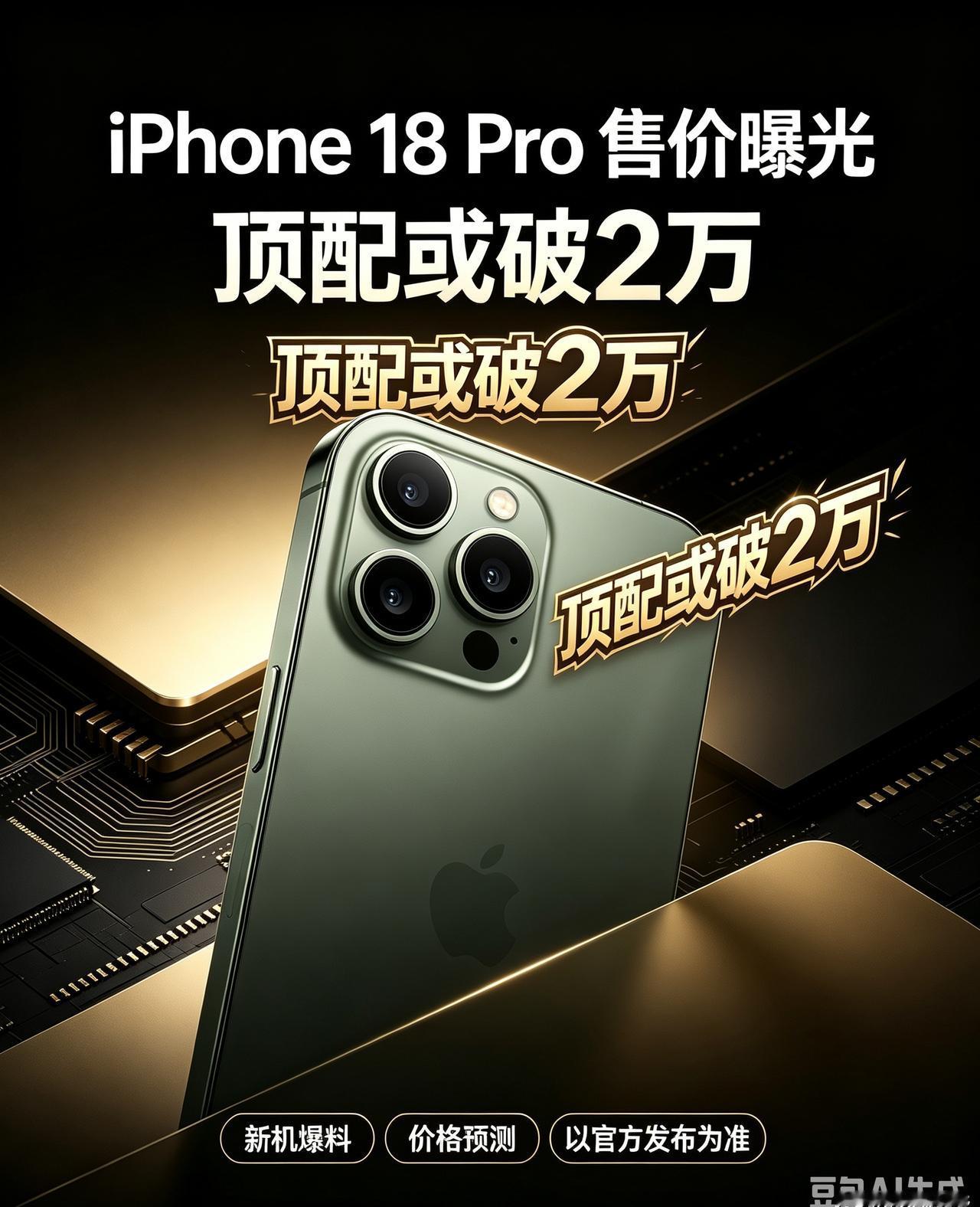 **iPhone 18 Pro 售价曝光，顶配版或突破两万元。**
按照目前新机