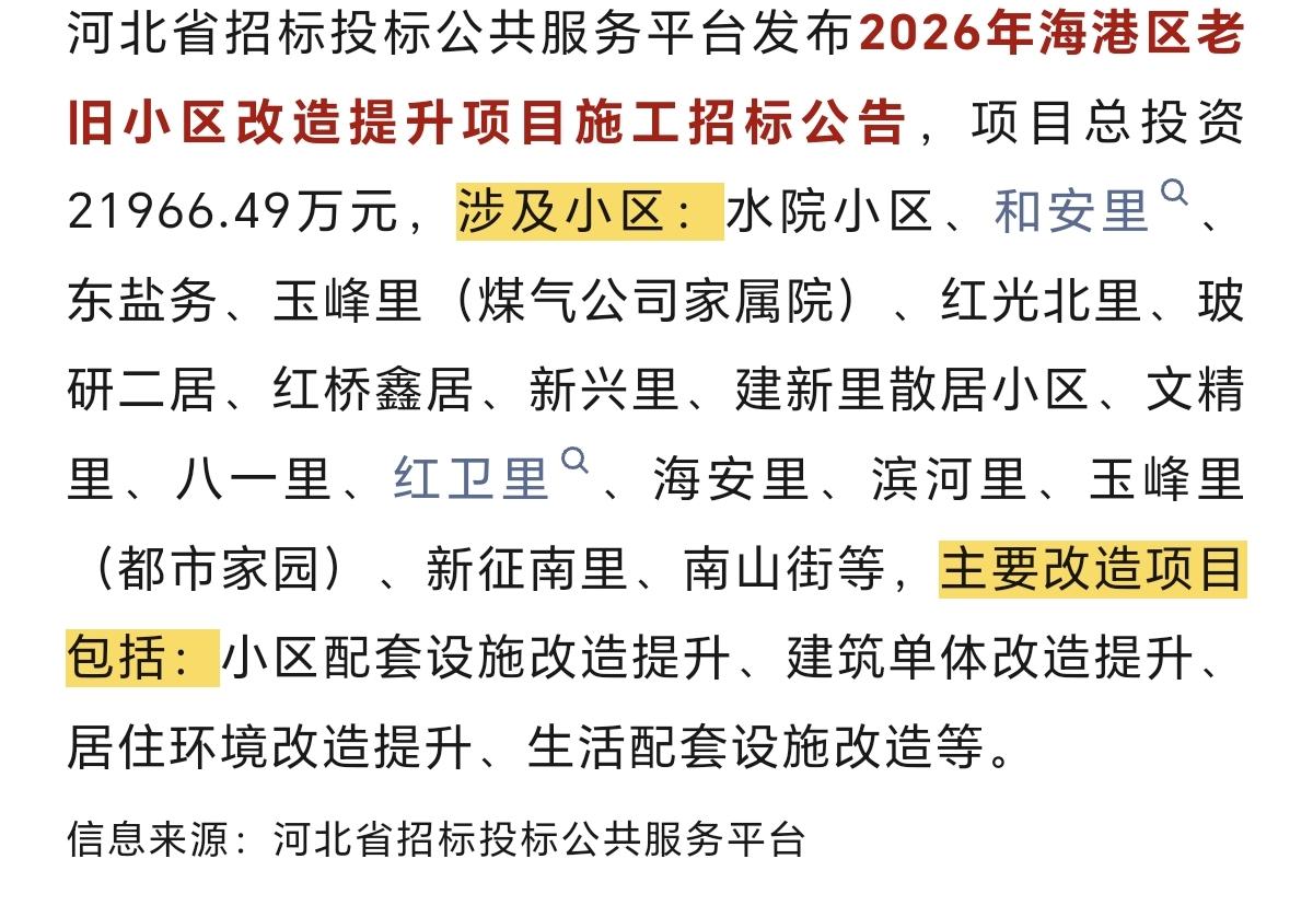 总投资2.19亿！秦皇岛这些小区动了~
2026年秦皇岛海港区老旧小区改造提升项