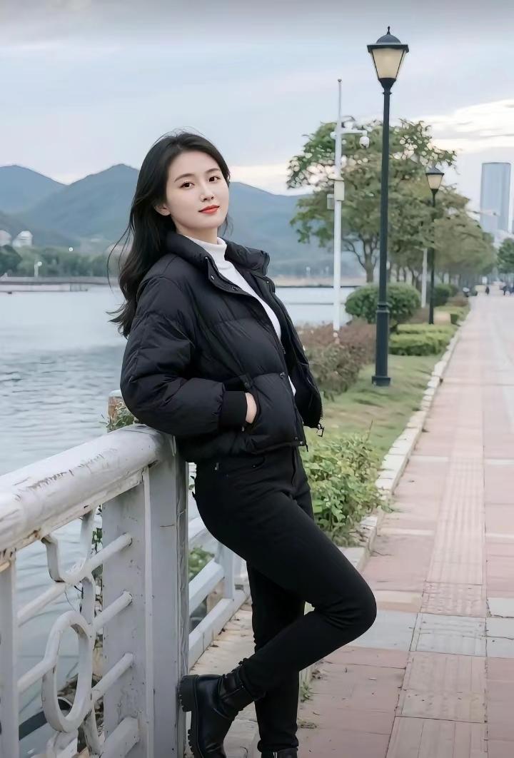 上联：黛发轻扬临水畔，黑羽裹春藏暖意
下联：素姿闲倚傍栏杆，青山映影衬清欢