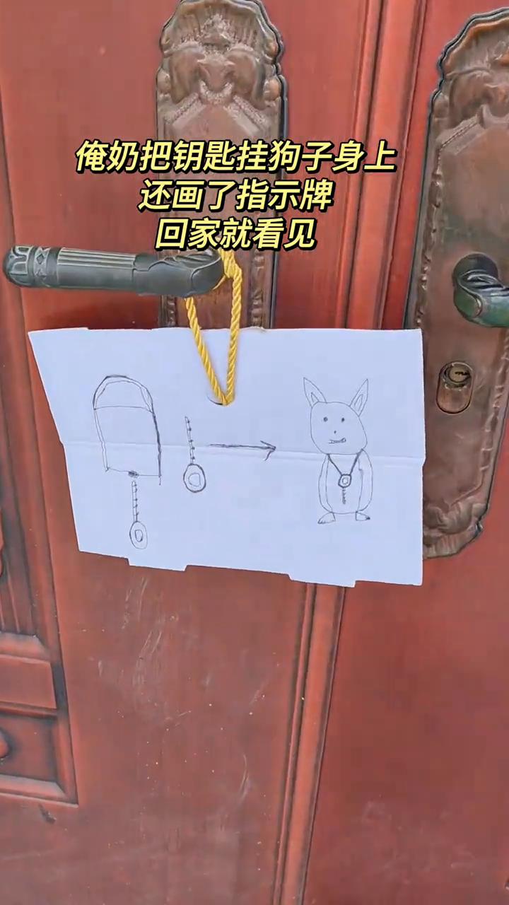 俺奶把钥匙挂狗子身上，还画了指示牌，回家就看见。
