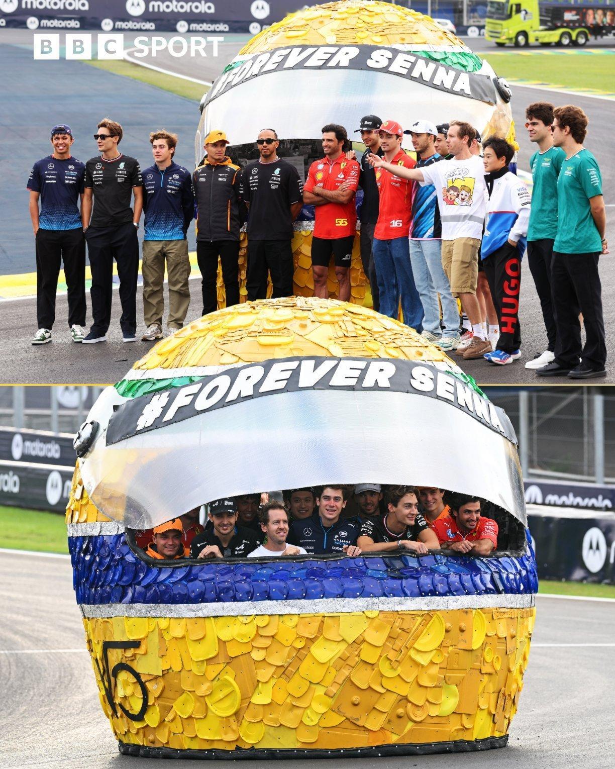 维特尔周四在英特拉各斯赛道组织了一个纪念塞纳的活动，一个巨大的塞纳头盔放置在“塞
