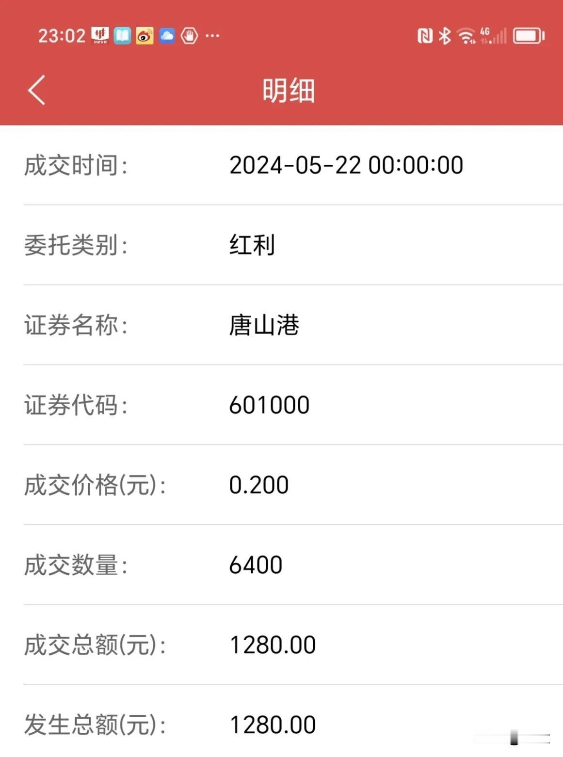 今日唐山港分红到账，1280个大洋。若明天恒源煤电跌就买100股恒源煤电，以增加