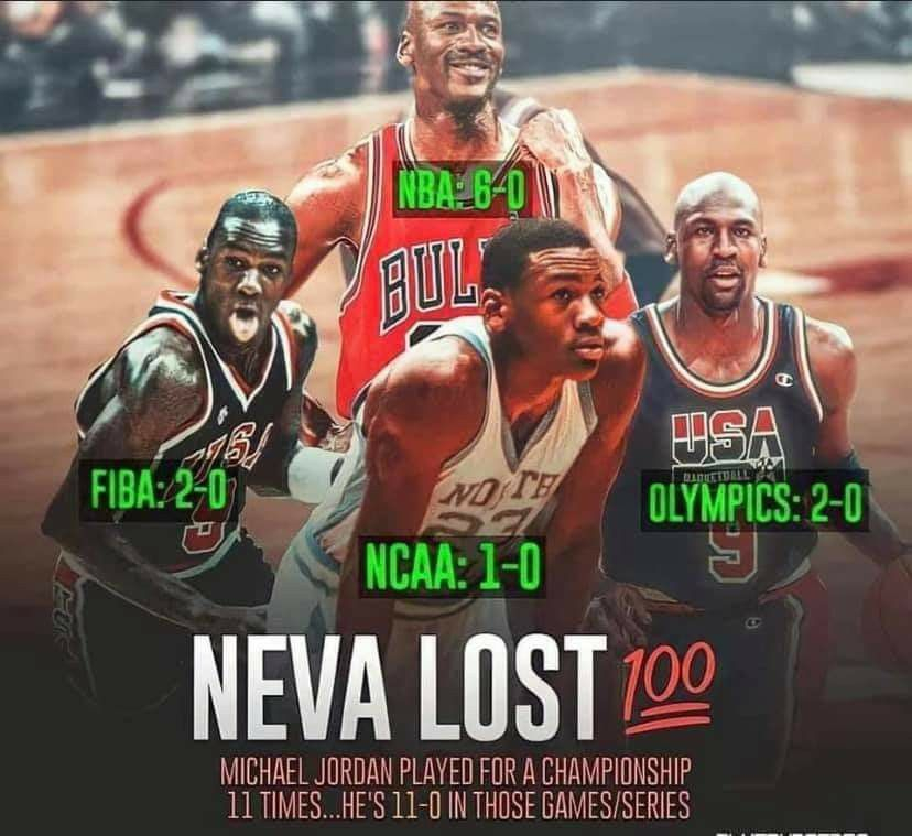 NBA总决赛、FIBA决赛、NCAA决赛、奥运会决赛，乔丹从没获得过第二名。 ​