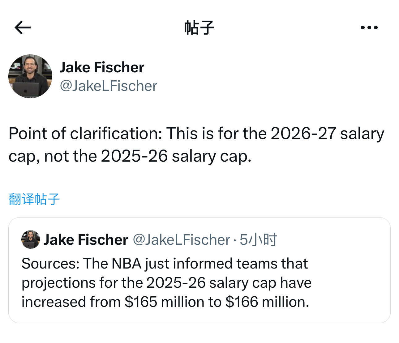 NBA记者Jakel fischer在社交媒体上表示，据相关消息来源报道，联盟刚