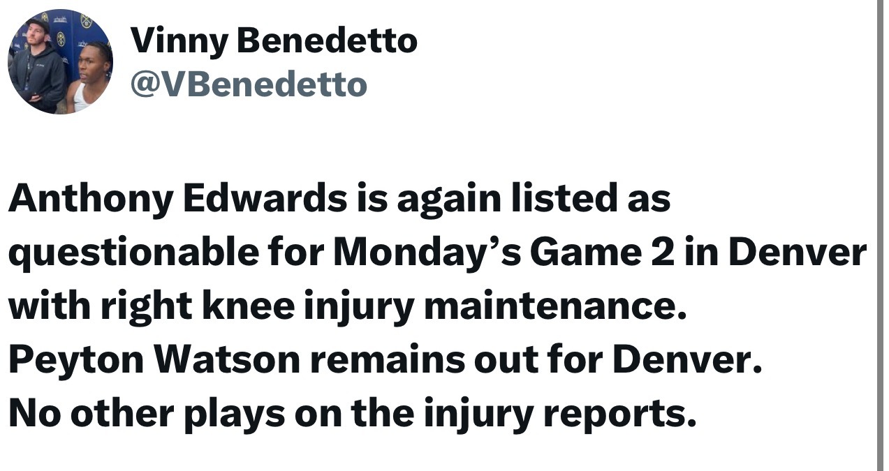 沃特森G2将继续缺阵。华子因为右膝伤势G2出战存疑。😦森林狼vs掘金