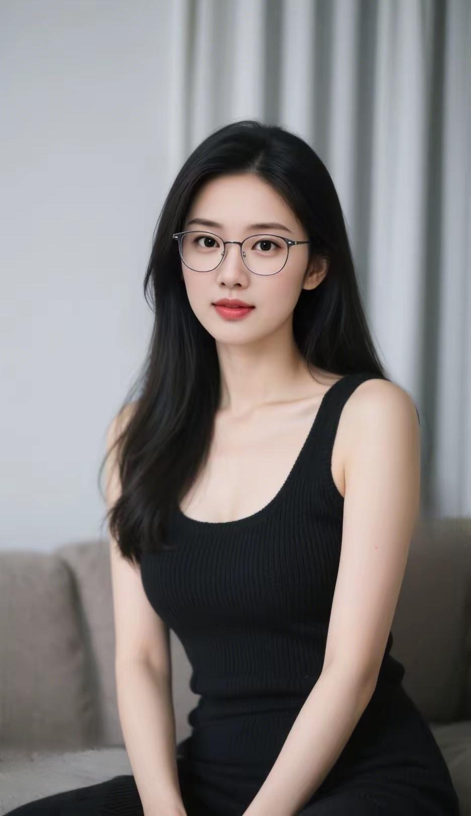 优雅黑裙少女，眼镜下的智慧光芒