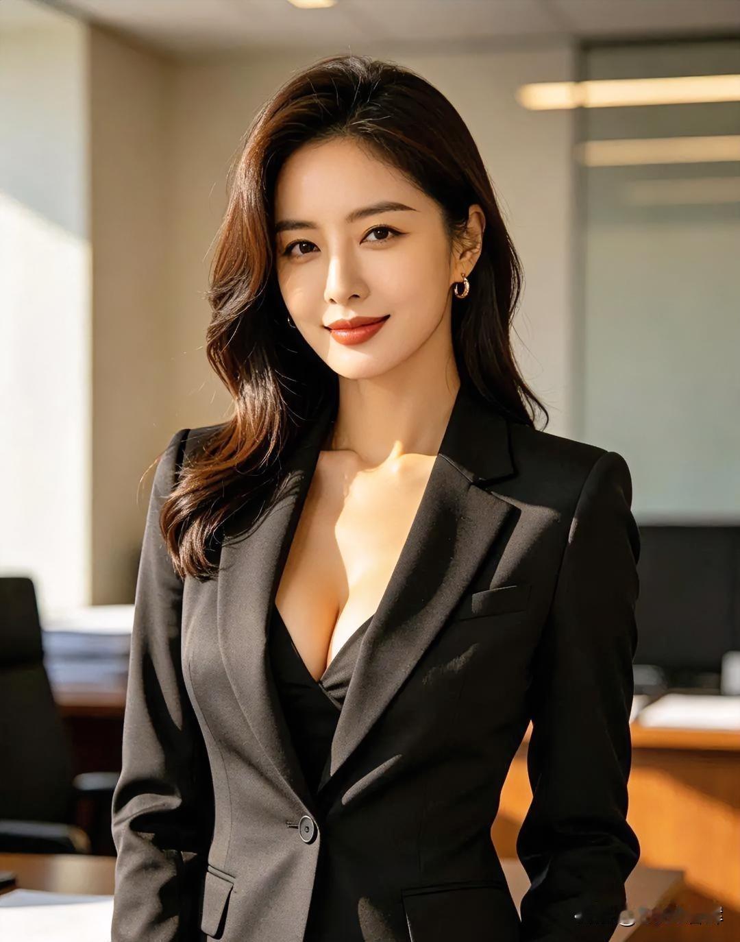 黑西装，深V雅，职场韵，笑意柔。