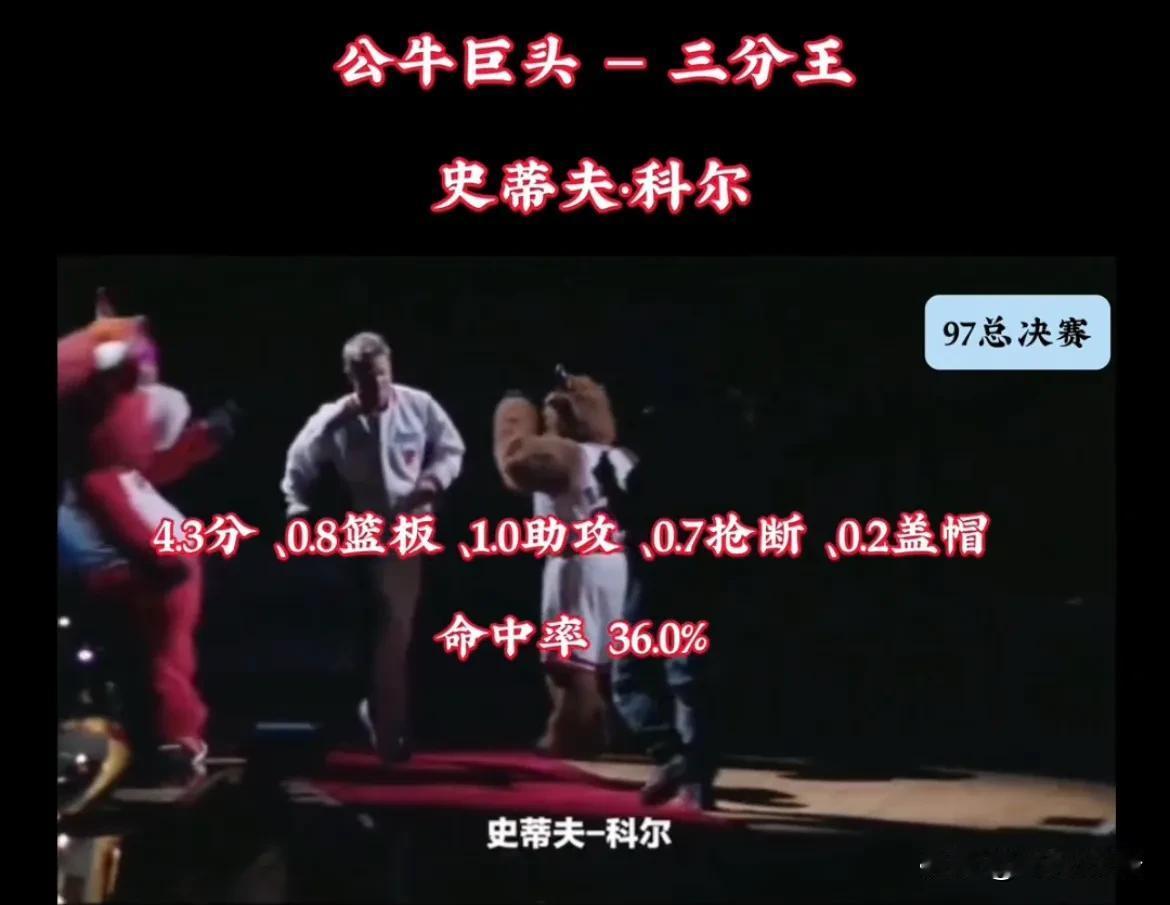 詹密口中的历史第一三分王斯蒂夫.科尔！
97年总决赛公牛队各个巨头数据一览！