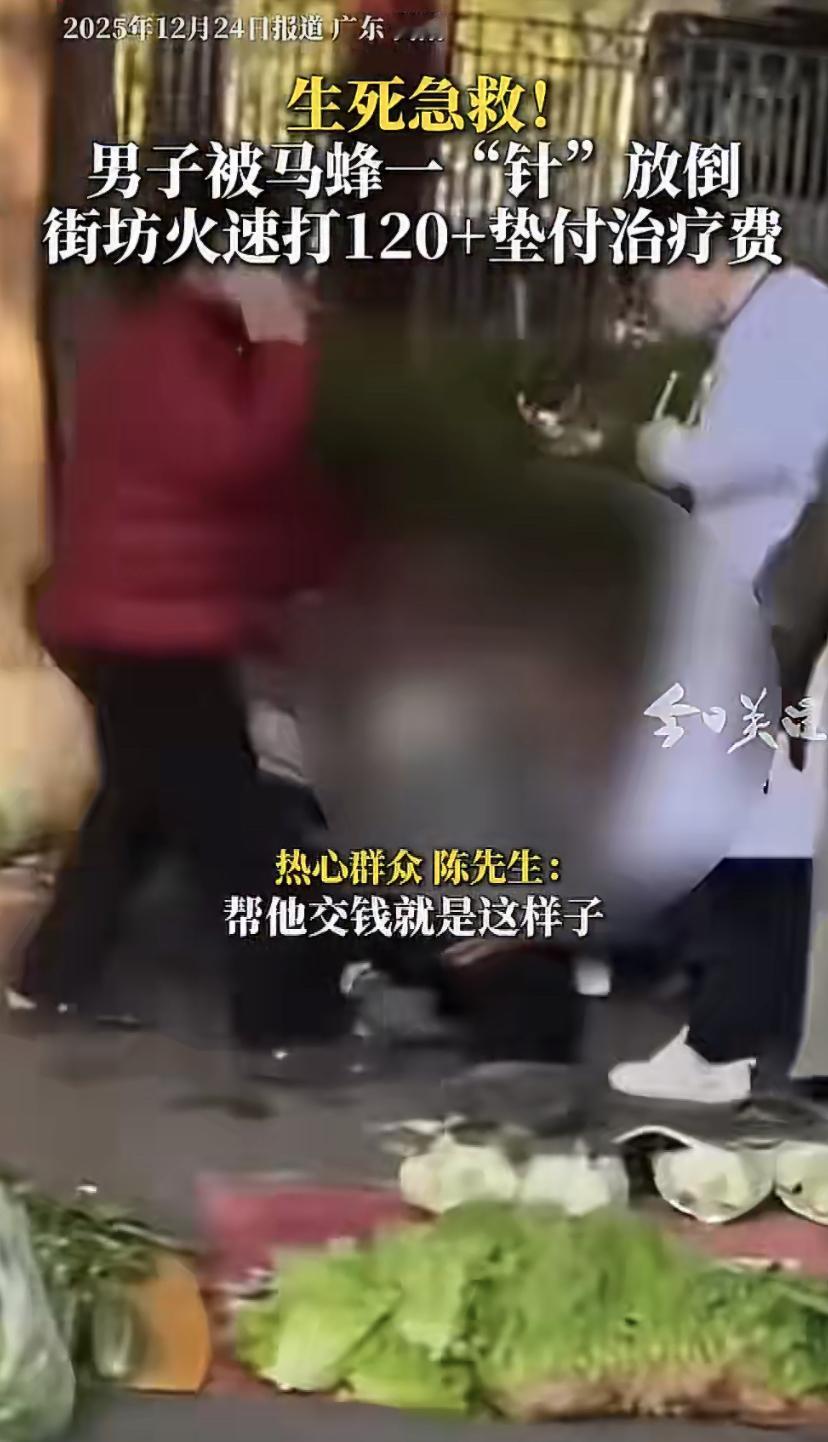 前两天，广东揭阳一位卖菜的姚大哥正守着摊位，忽然被一只马蜂蜇中了太阳穴。短短一分