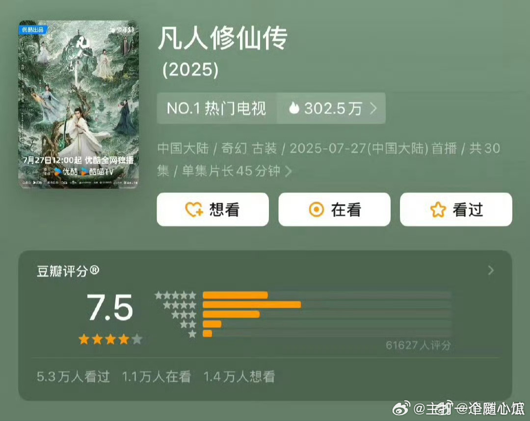 杨洋、金晨凡人修仙传豆瓣开分7.5，6.1万人评分，高还是低了？这分型看着熟 ​