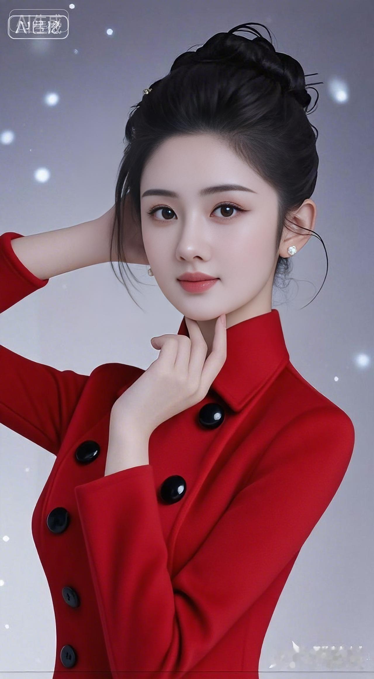 一身红妆衬玉容，
云髻高盘韵无穷。
秀眸似水藏温婉，
素手托腮态雍容。
未施浓粉