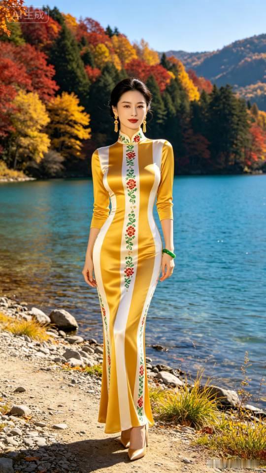 旗袍美女秋日湖边留影。旗袍 旗袍风景写真 旗袍丽人照