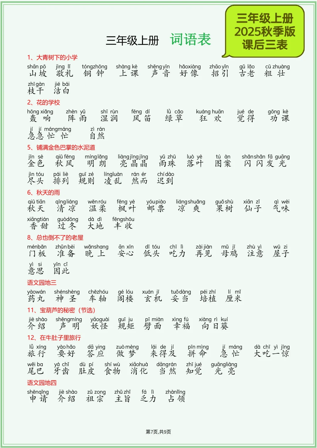 ✅三年级上册2025秋季版【课后生字词表】