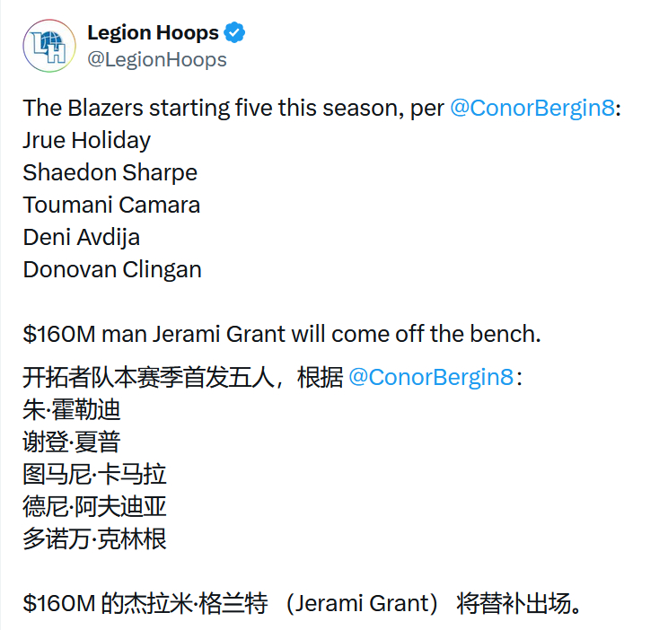 开拓者本赛季的首发阵容确定了。格兰特确认将替补出战。NBA揭幕战 ​​​