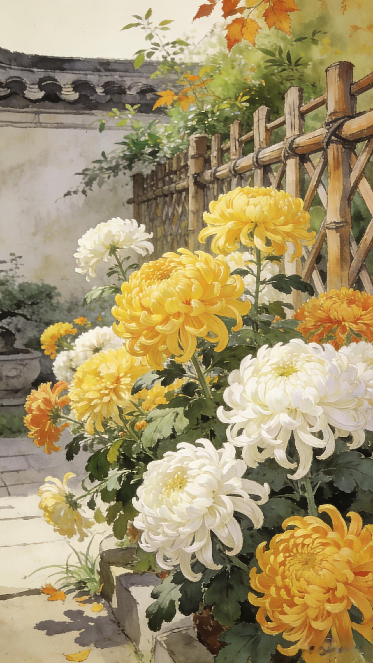 我家小院里的菊花开得热热闹闹，秋风一吹摇摇晃晃的，突然来了兴致凑了个上联，想了半