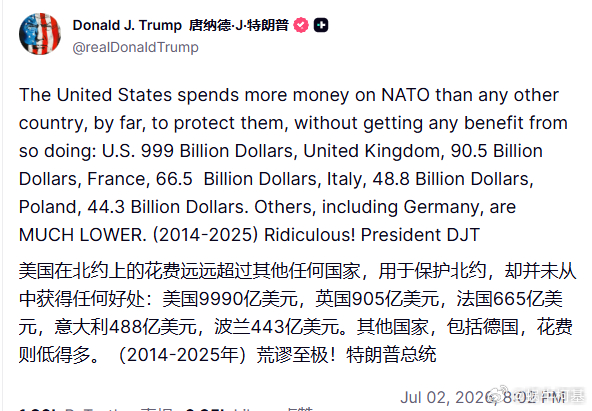 老头儿继续表达不满意北约各国的花费来源：realDonaldTrump俄乌局势新