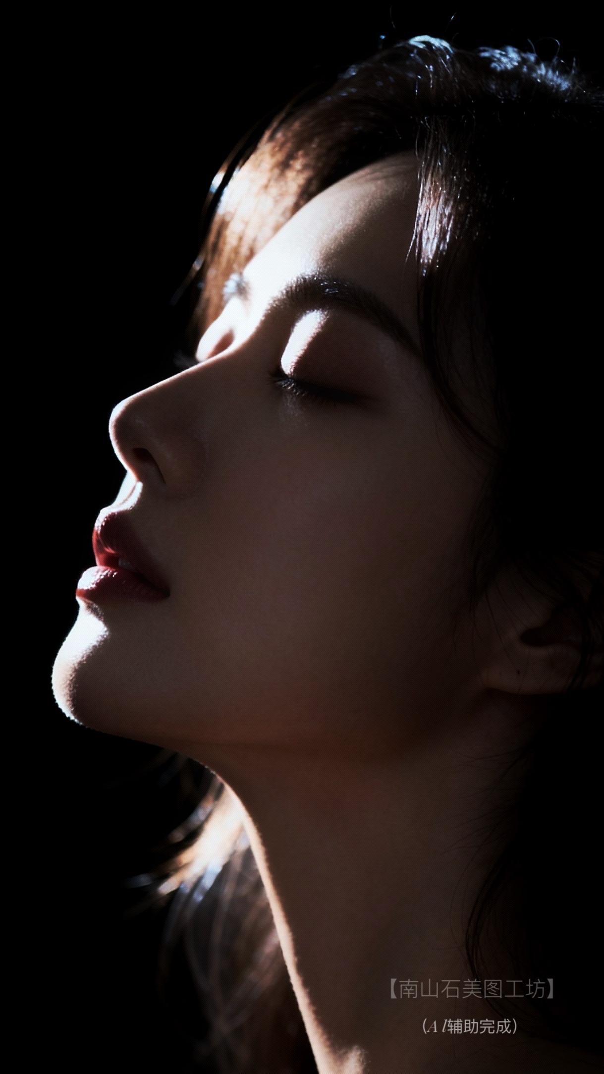 暗色为幕，光刃雕琢出绝美侧颜：睫如蝶翼栖于眼睑，发丝缠裹鎏金碎光，颈线似天鹅弧影