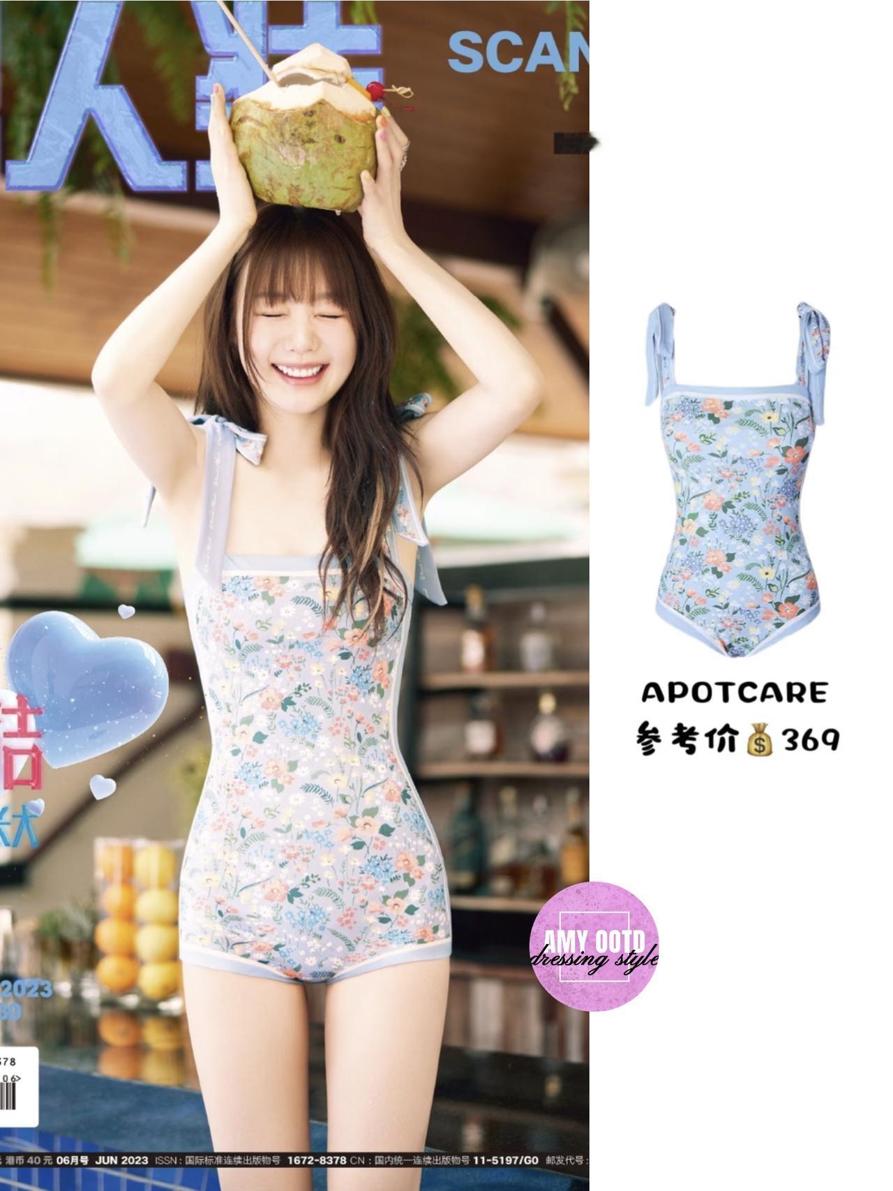 徐梦洁这身碎花连体泳装太戳“夏日甜妹感”了！浅蓝底色+清新花案，配上肩带蝴蝶结细