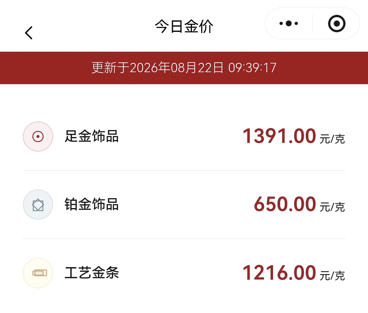 【#多家金饰品价格逼近1400元# 】8月21日，老凤祥足金饰品报1388元/克