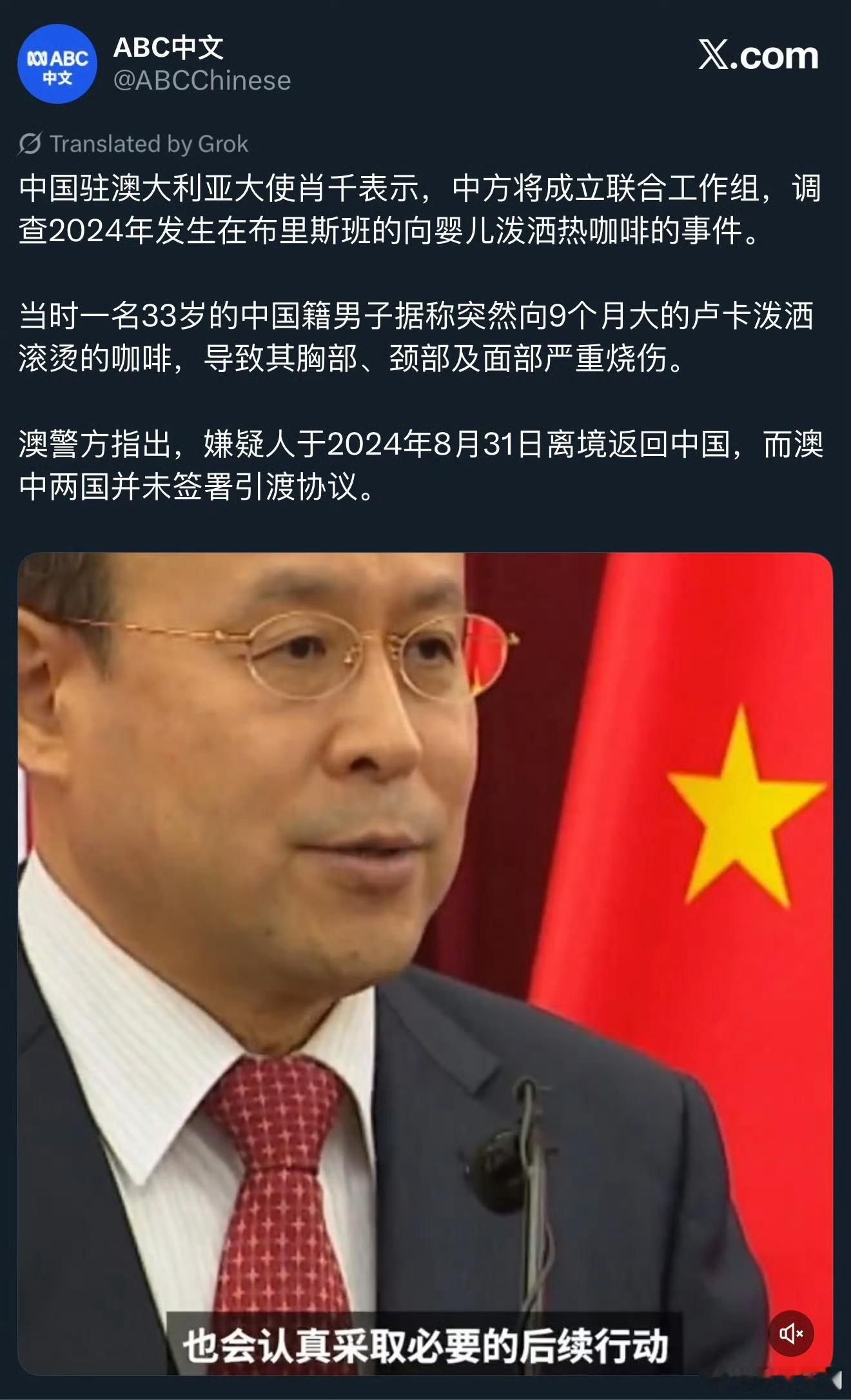 中国驻澳大利亚大使肖千表示，中方将成立联合工作组，调查2024年发生在布里斯班的