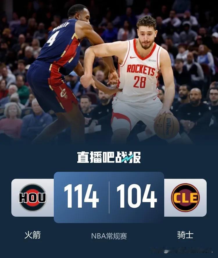 火箭客场114:104轻取骑士迎来5连胜，火箭全队6人得分上双，申京拿到了全场最