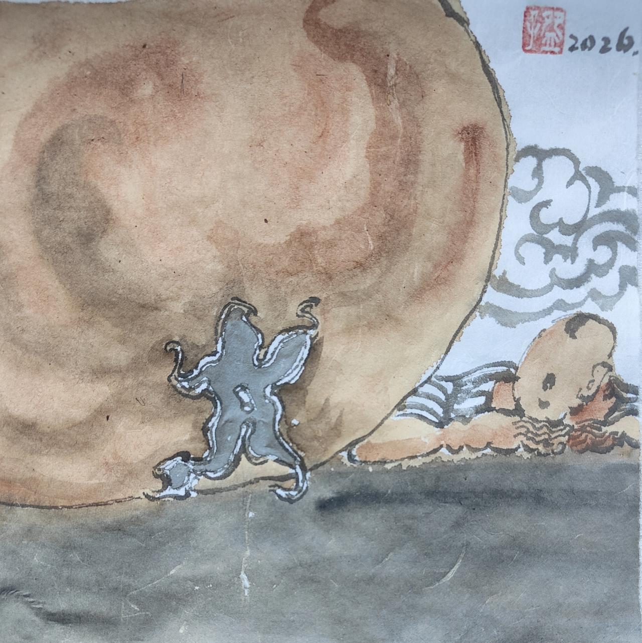 碗子的潜意识水墨《心游系列No8》
​我的世界大抵如这“柿蒂小人”推动着生活向前