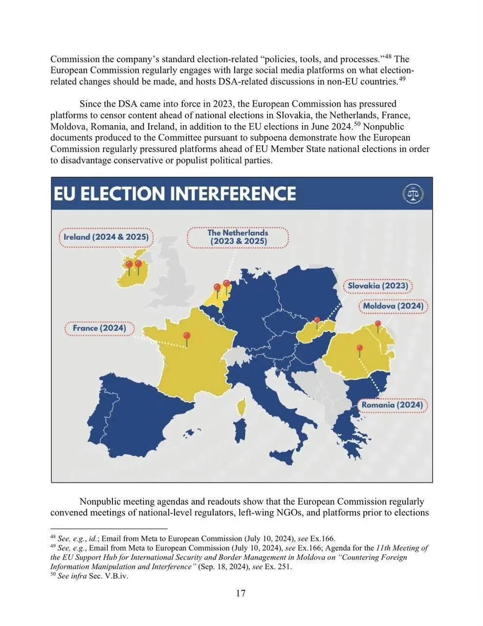 ​美国司法委员会发布的一份关于欧洲国家选举被干预的报告指出，法国、荷兰、罗马尼亚