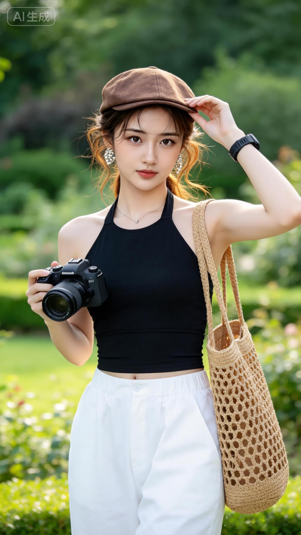 清新灵动东亚少女头戴复古棕调报童帽，棕发随性散落。黑挂脖收腰上衣配白阔腿长裤，配