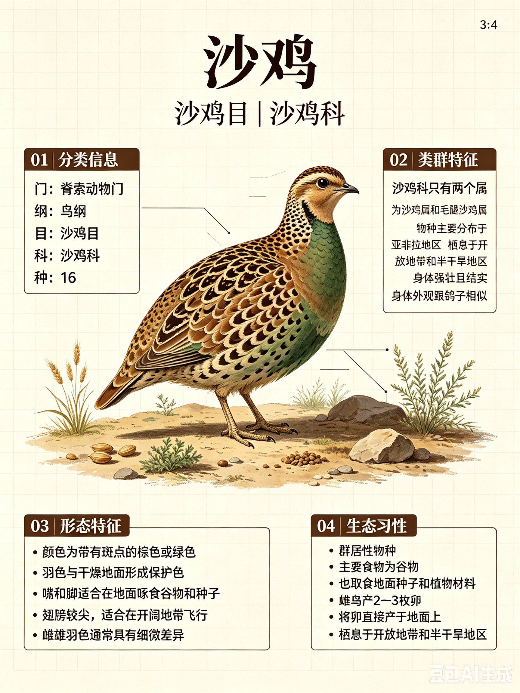 鸟类朋友图鉴 沙鸡门：脊索动物门纲：鸟纲目：沙鸡目科：沙鸡科种：16沙鸡科只有两