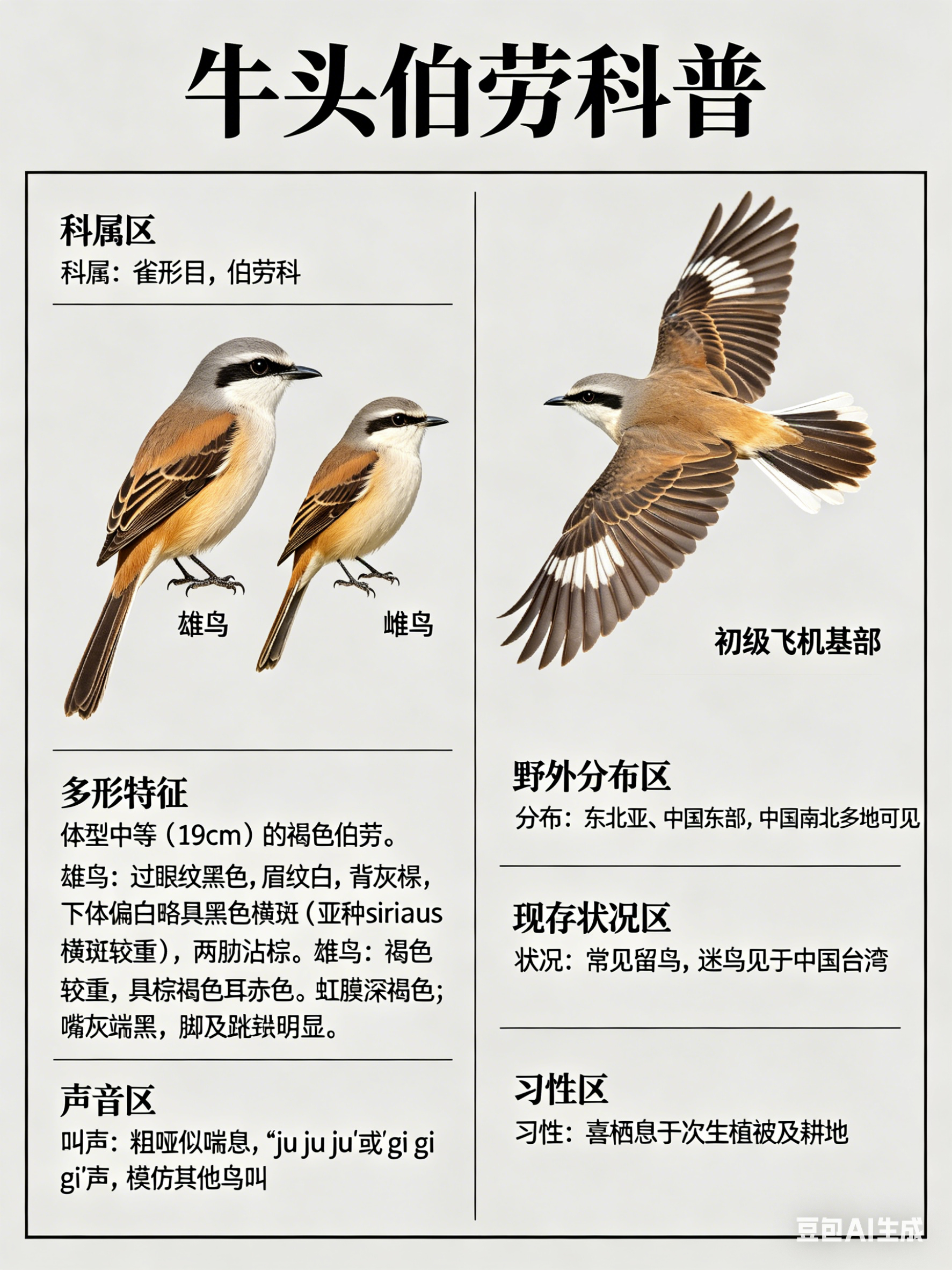 鸟类朋友图鉴 牛头伯劳·科属：雀形目，伯劳科。·外形特征：体型中等（19cm）的