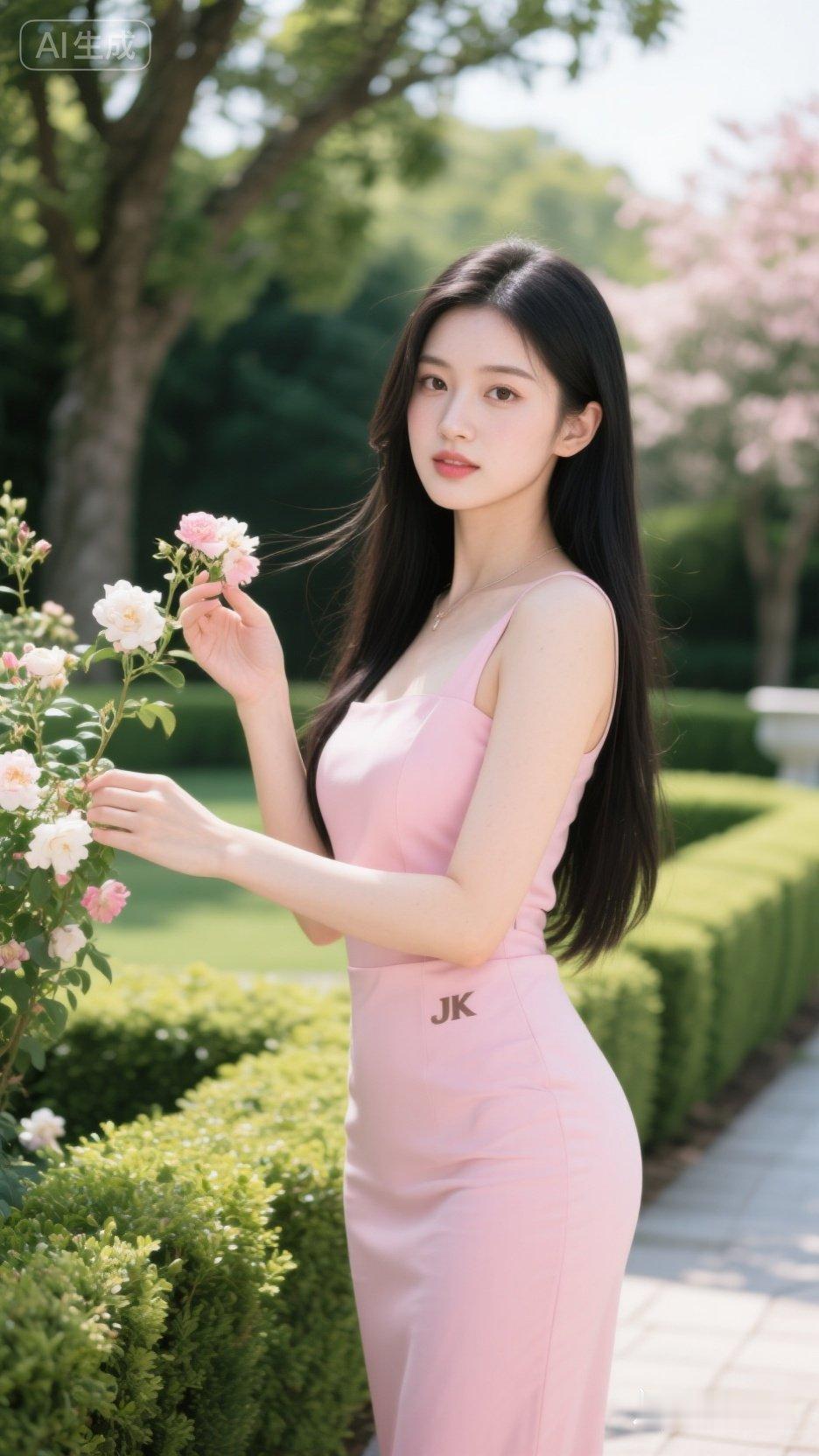 粉裙少女与花丛的浪漫邂逅🌸💕