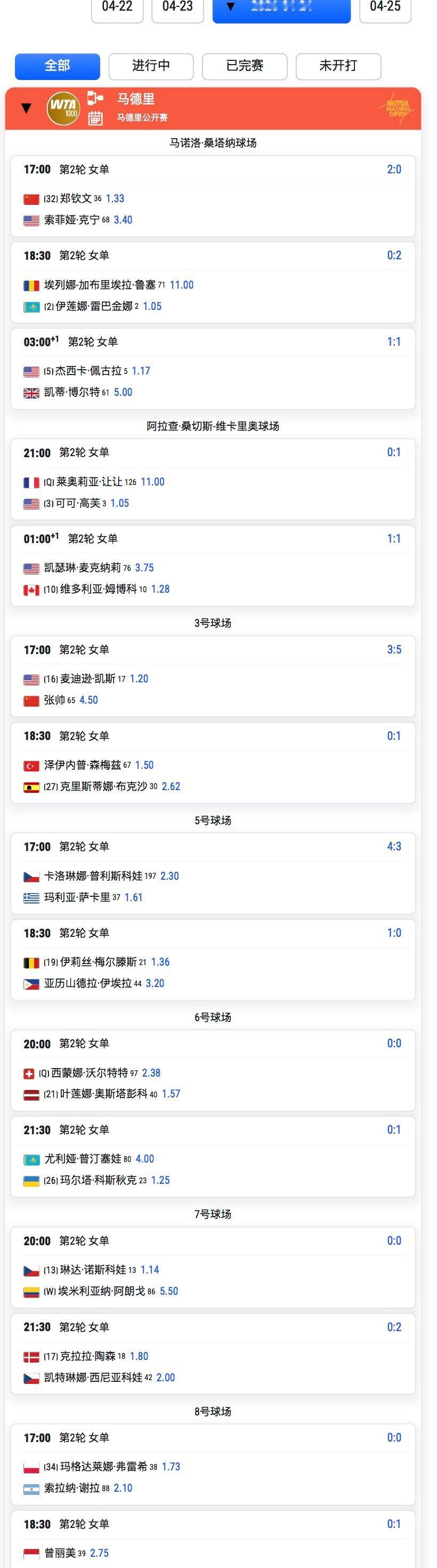 马德里1000赛 明日赛程⏰🇨🇳郑钦文vs肯宁🇺🇸，中心球场17点🇨?