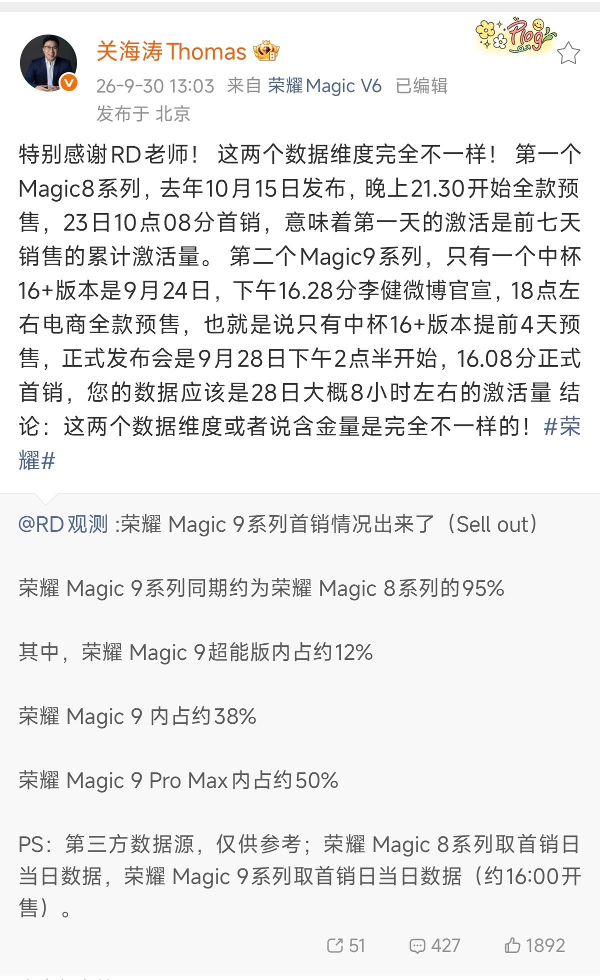 荣耀Magic9系列首销战报出来了，第三方数据约为上代同期的95%。但这个数字得