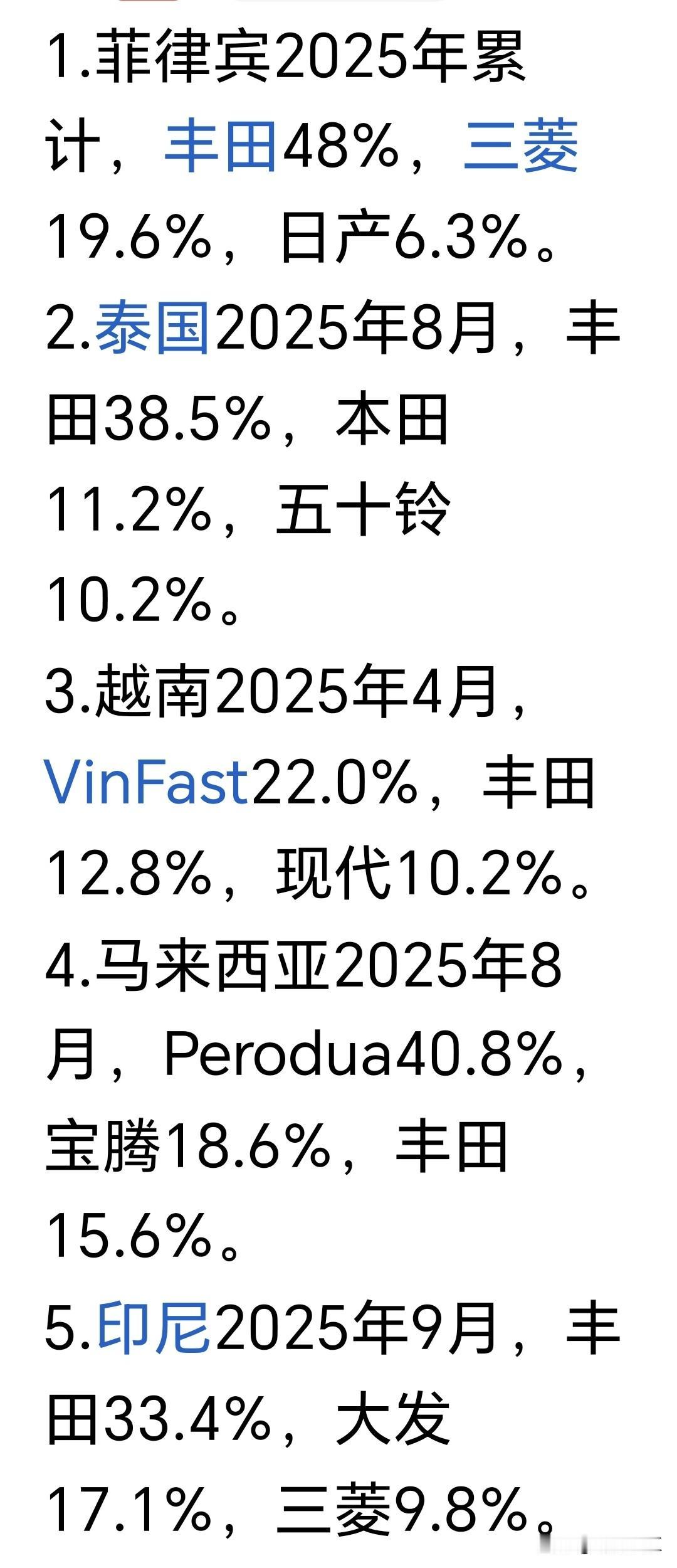 东南亚国家的汽车市场基本上都是由以丰田汽车为首的日本汽车品牌占据。毕竟日本是二战