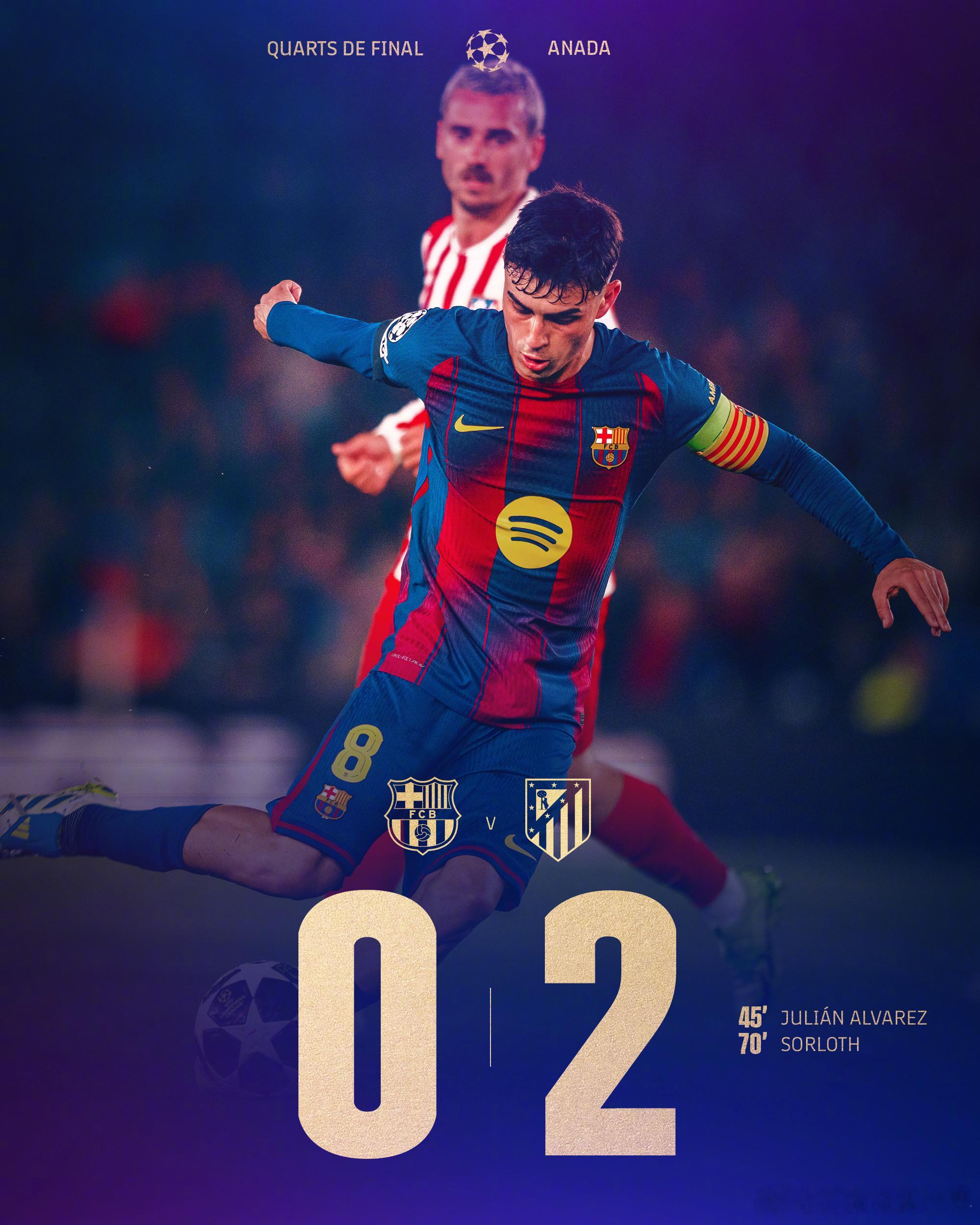 巴萨0比2马竞 欧冠1/4决赛首回合，巴萨主场0-2不敌马竞，主场6个月不败纪录