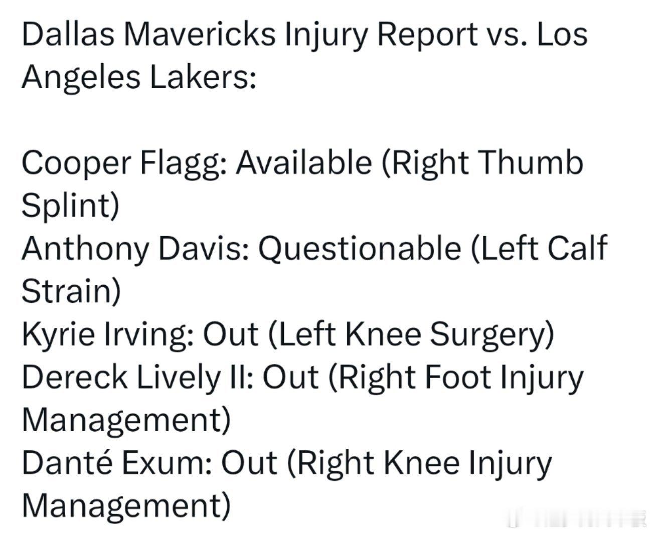 独行侠明日伤病报告: 弗拉格可以出战（右手拇指佩戴护具），浓眉出战成疑（左小腿拉