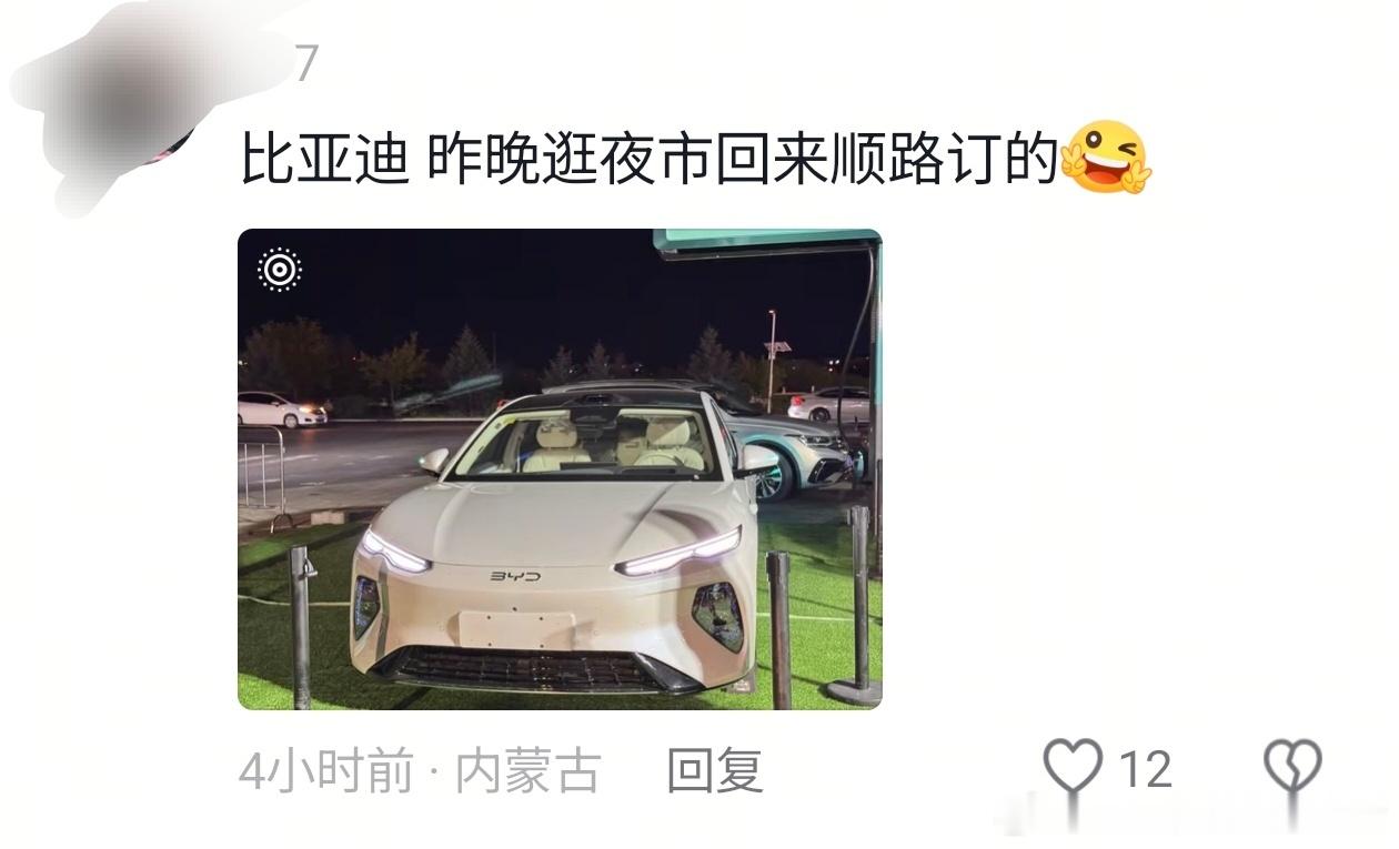 关于网友逛夜市顺便订了一辆比亚迪海豹08这件事，他在评论区说比自家的奥迪A6好开
