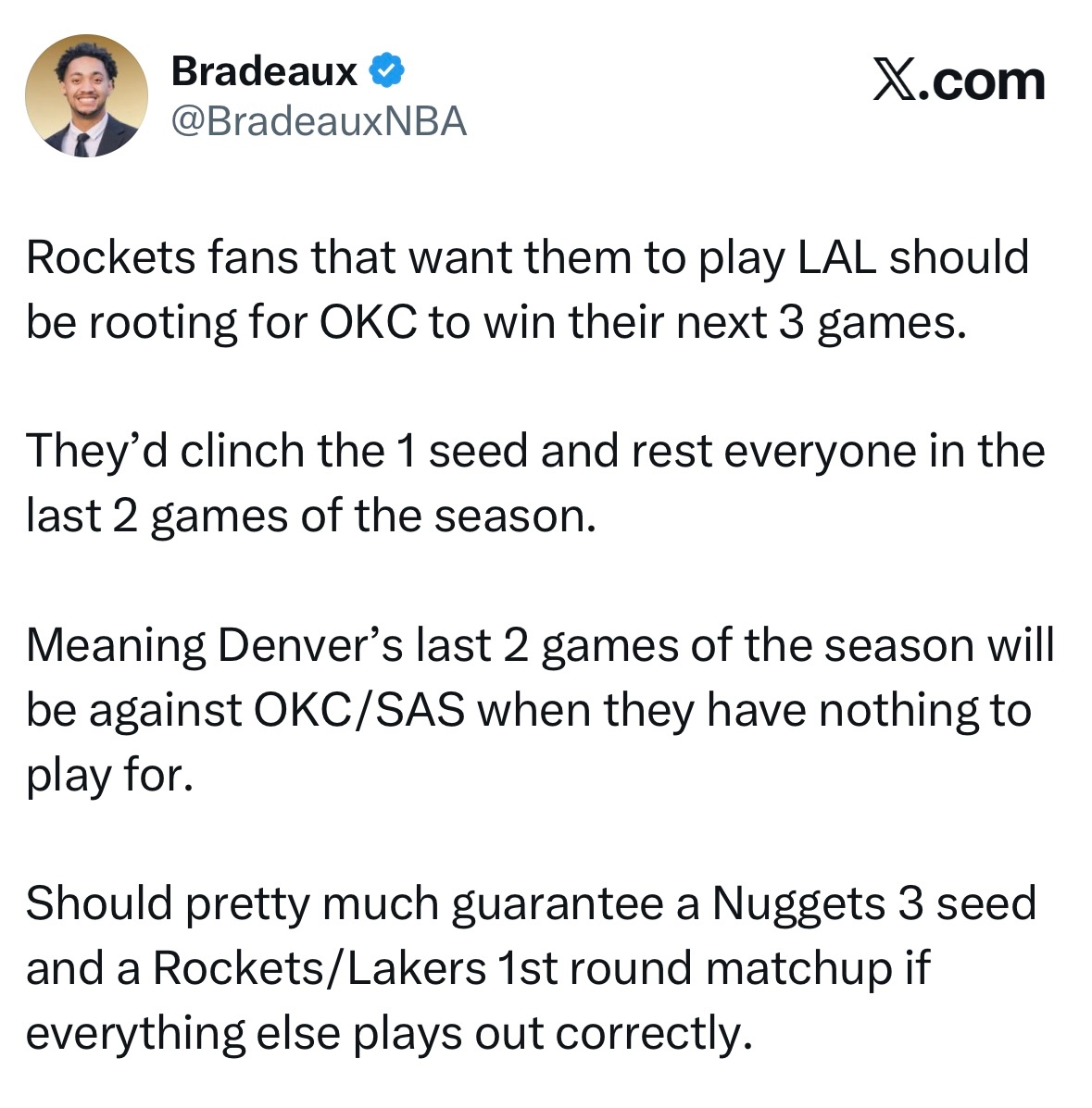 挑湖人打了，火箭记者Bradeaux：希望火箭对阵湖人的球迷，现在应该支持雷霆赢