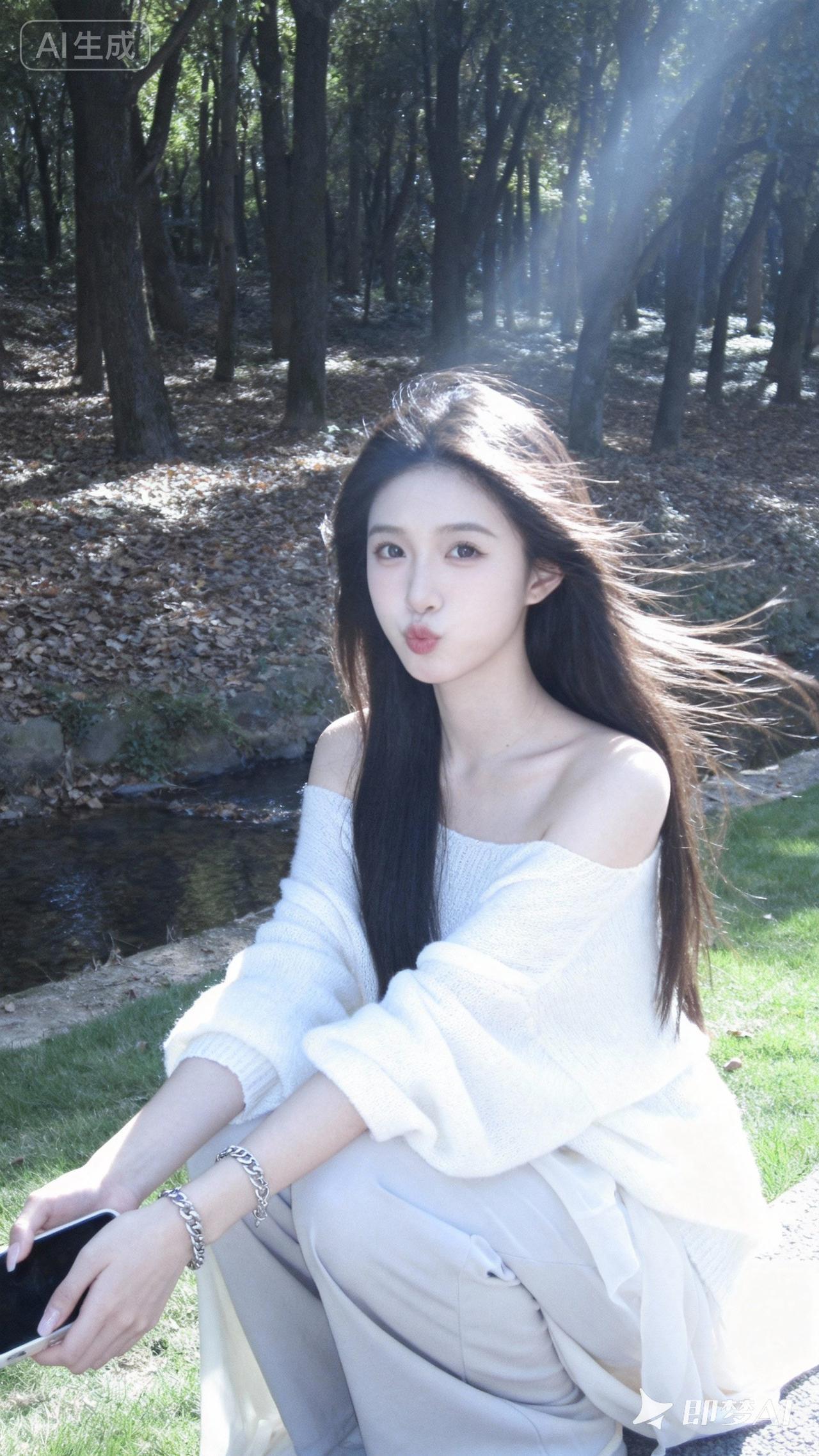 秋日森林中的甜美少女，轻吻指尖，享受宁静时光。