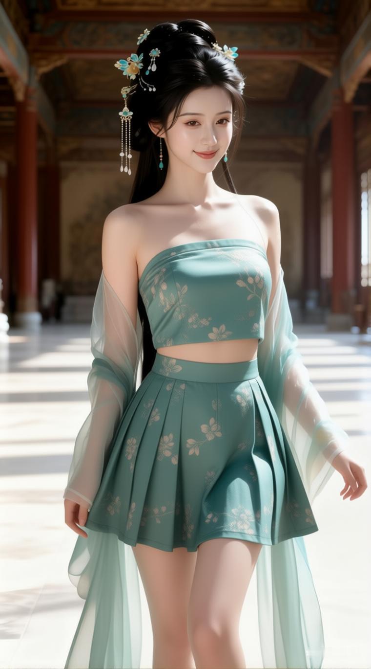 古风少女漫步在宫殿长廊，清新淡雅，宛如画中人。