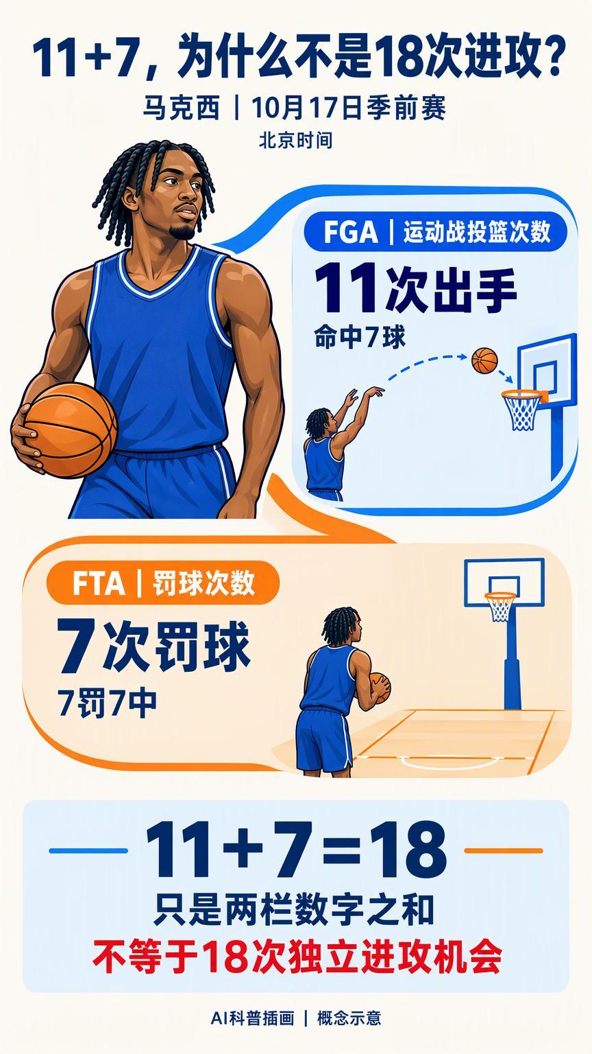 11次出手加7次罚球，为什么不能算马克西有18次“出手机会”？北京时间10月17