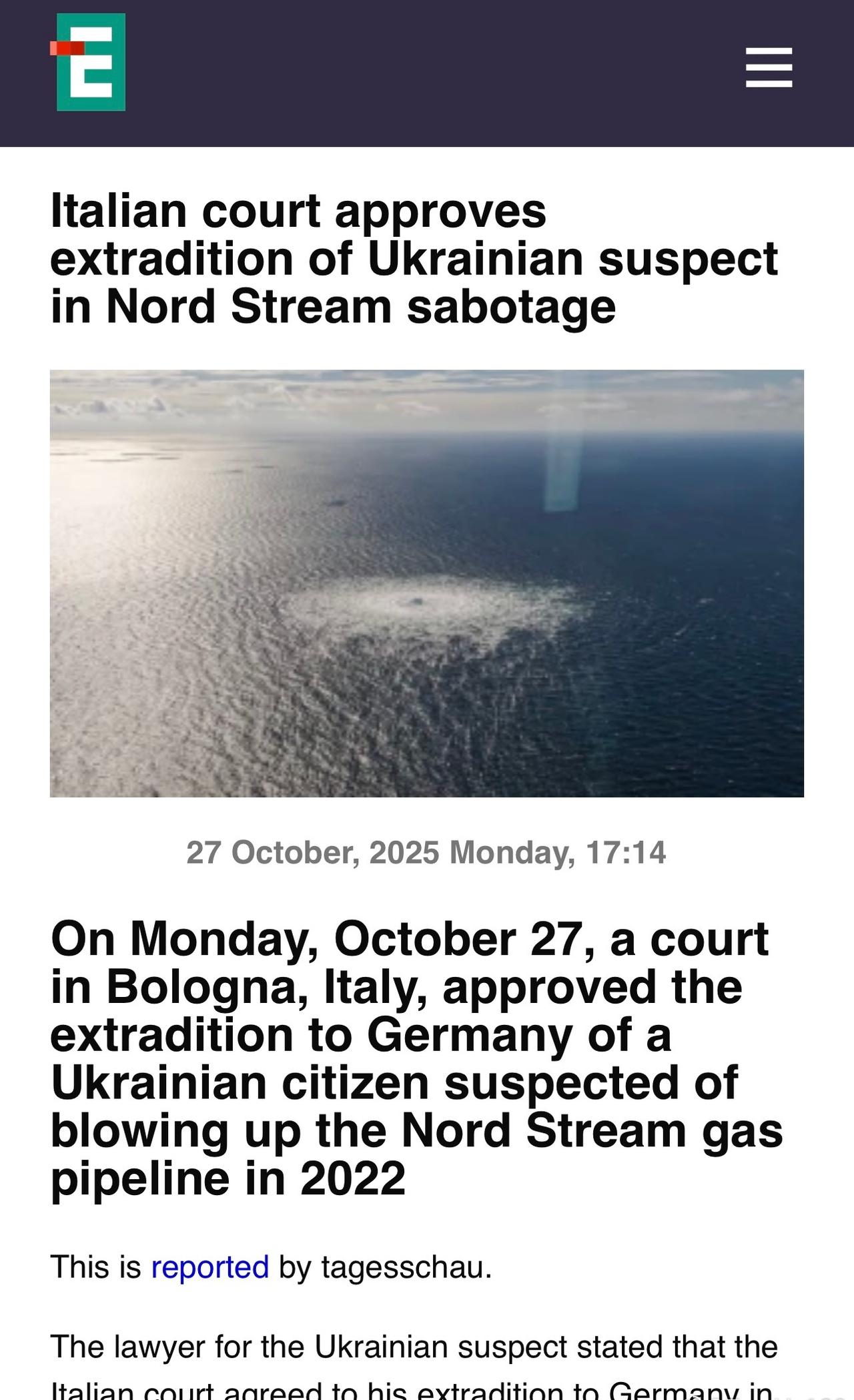 意大利法院下令將涉嫌破壞北溪管線的烏克蘭人引渡到德國
烏克蘭人的律師表示，他將就