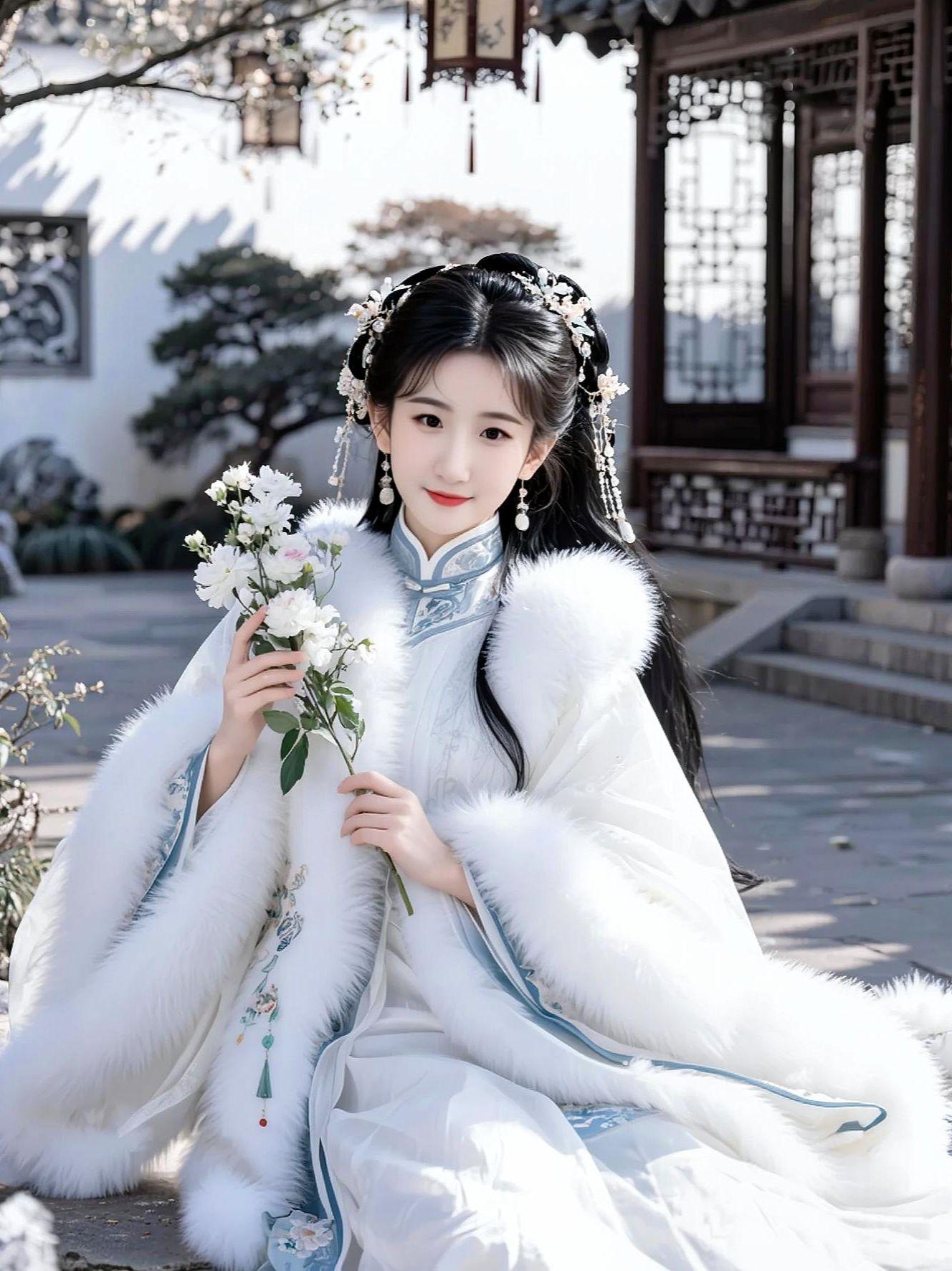 AI古风持花写真