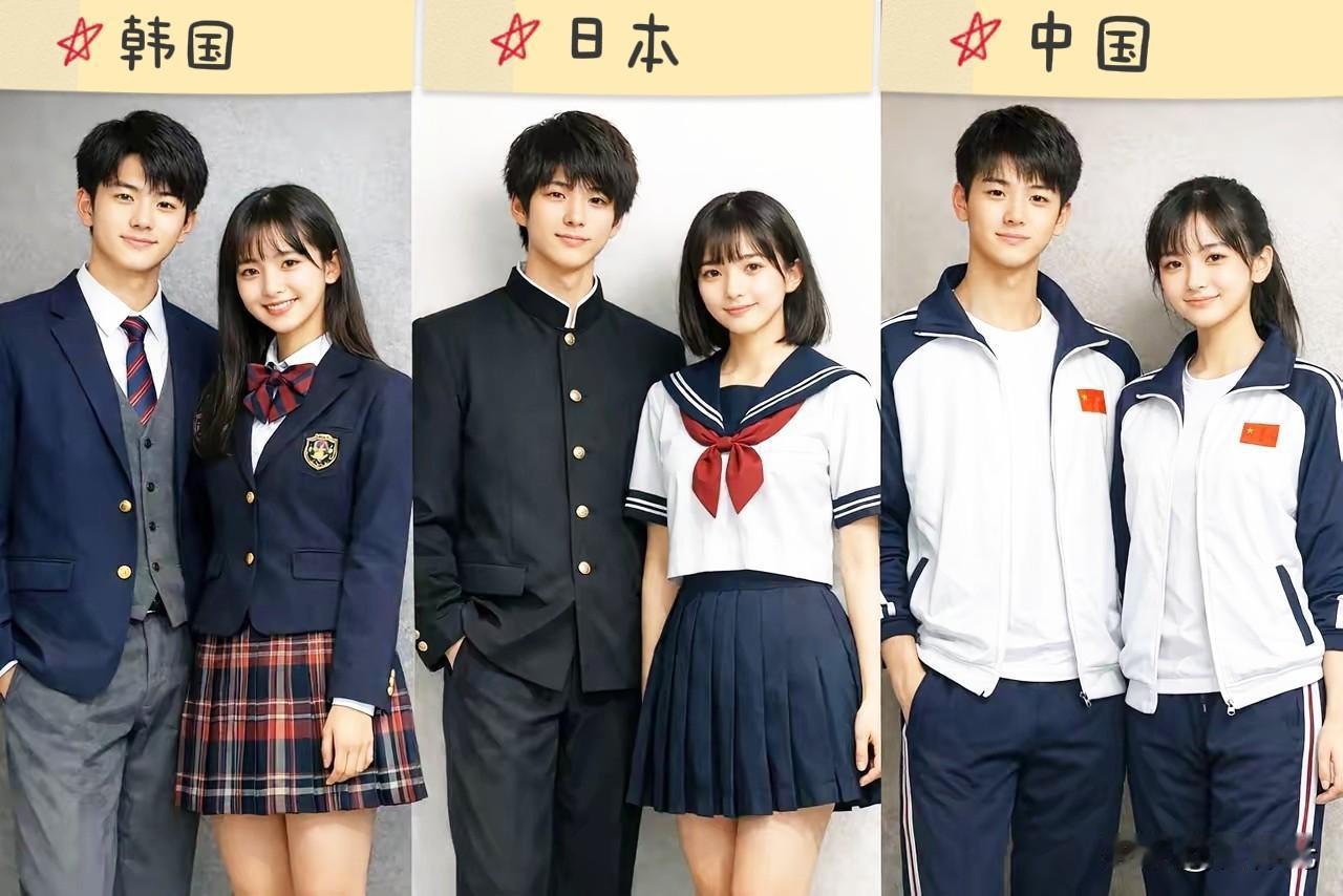 韩国，日本，中国三国中学生校服大比拼。

韩国男生西服套装，女生西装格子裙，
日